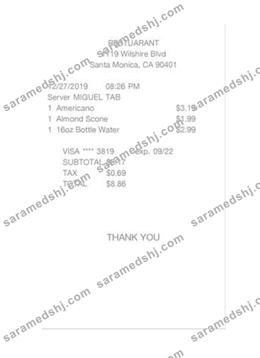 RESTUARANT cash receipt